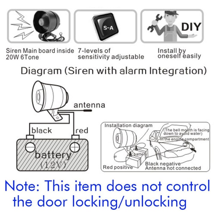 Car alarm siren 2 remote controls adjustable vibration shock detection M810-8115