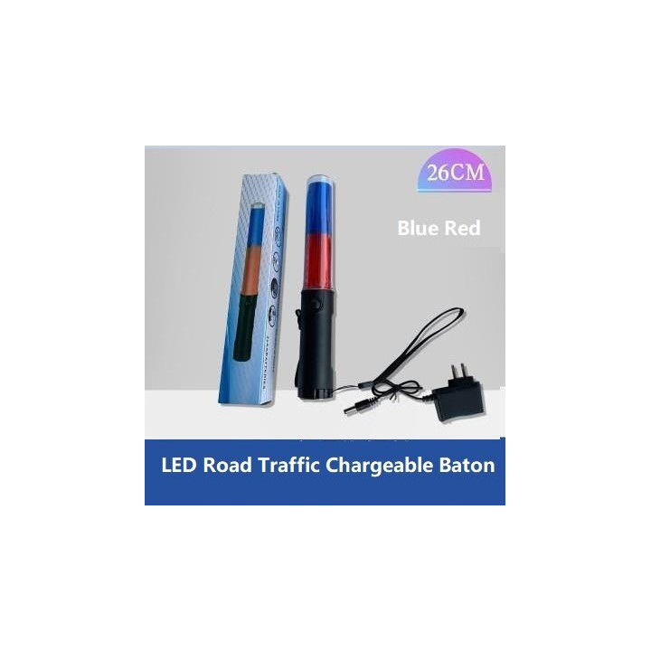 Baton lumineux 26cm led rouge  bleu + batterie rechargeable + chargeur 220v 5v support magnetique