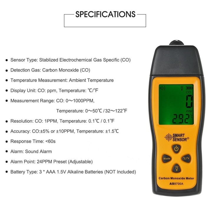 AS8700A Carbon Monoxide Meter CO Gas Leak Detector Analyzer Monitor Tester 1000ppm