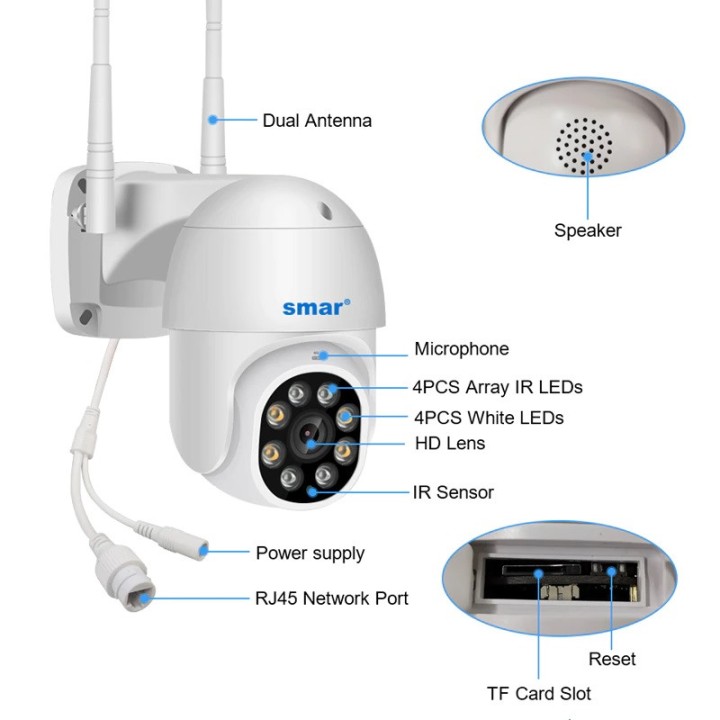 Telecamera a colori da esterno audio dome wireless wifi IP ptz 1000p zoom 4x visione notturna ip66