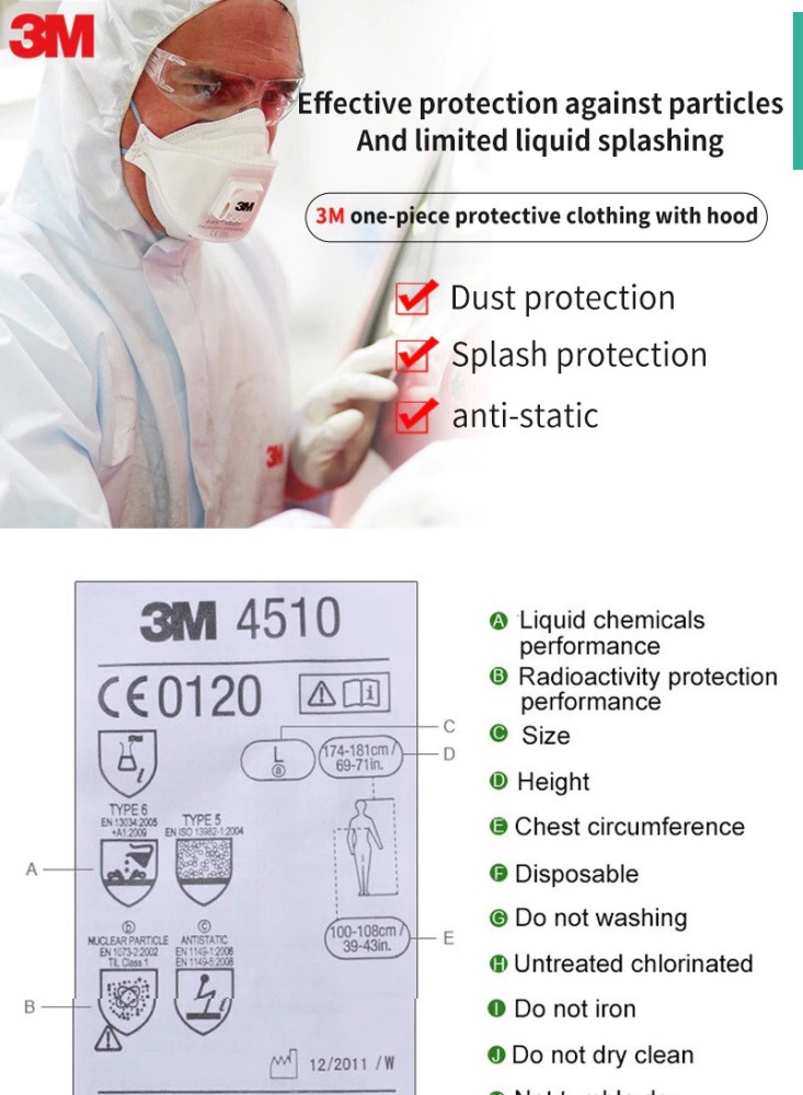 Coverall 3m 4510 Size L static electricity clothing effective protection against dust particles paint