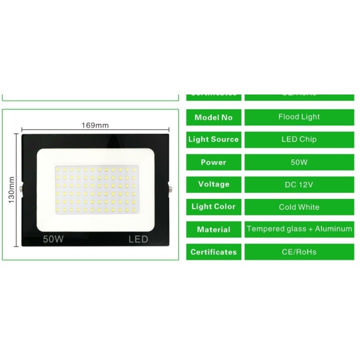 Proyector LED de iluminación 12V DC 50w blanco frío impermeable ip66 luz portátil SMD2835 4500 lumen