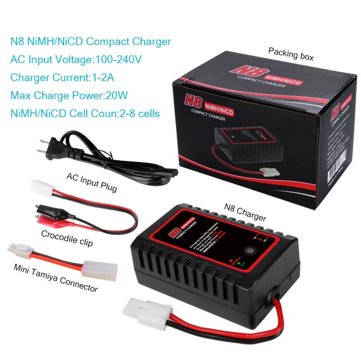 N8 Nimh Nicd Caricabatteria 110-240V 2A 20W AC 2s-8s 2.4v 3.6v 4.8v 6v 7.2v 8.4v 9.6v Tamiya