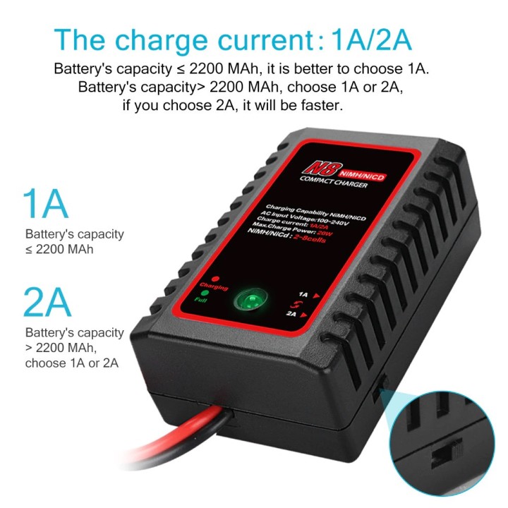 Chargeur batterie N8 Nimh Nicd 110-240V 2A 20W AC 2s-8s 2.4v 3.6v 4.8v 6v 7.2v 8.4v 9.6v Tamiya