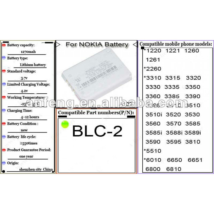 Blc-2 batería li-ion 3.6v 1270 ma para nokia 3310 3330 3360 3410 3510 5510 6650 6800 6810 2260 3588 jr international - 1