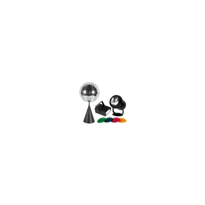 Disco lichtset pinspot par 36 4 farbfilter spiegelkugel 20cm mit motor und stroboskop 20w