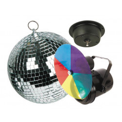 Disco lichtset punktstrahler par36 farbrad (5 farben) spiegelkugel ø 20cm mit motor