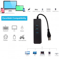 Adaptateur USB Ethernet Hub avec 3 ports USB 3.0 RJ45 pour ordinateur portable