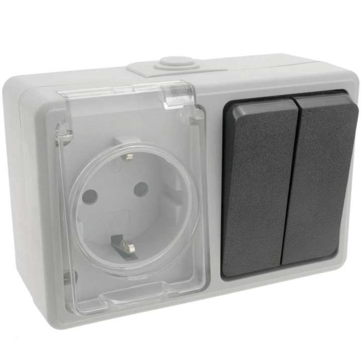 Waterproof surface mount switch IP54 16A 250V with 2 x switch and 1 x schuko
