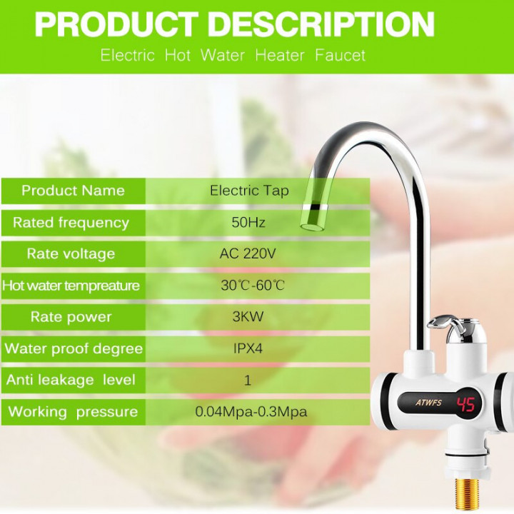 Electric Tankless Instant Kitchen Water Heater LED 50hz ac220v 30-60°c 3kw