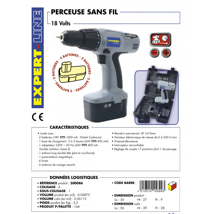 Taladro atornillador recargable 18v con 17 accesorios & 2 baterías perel - 1
