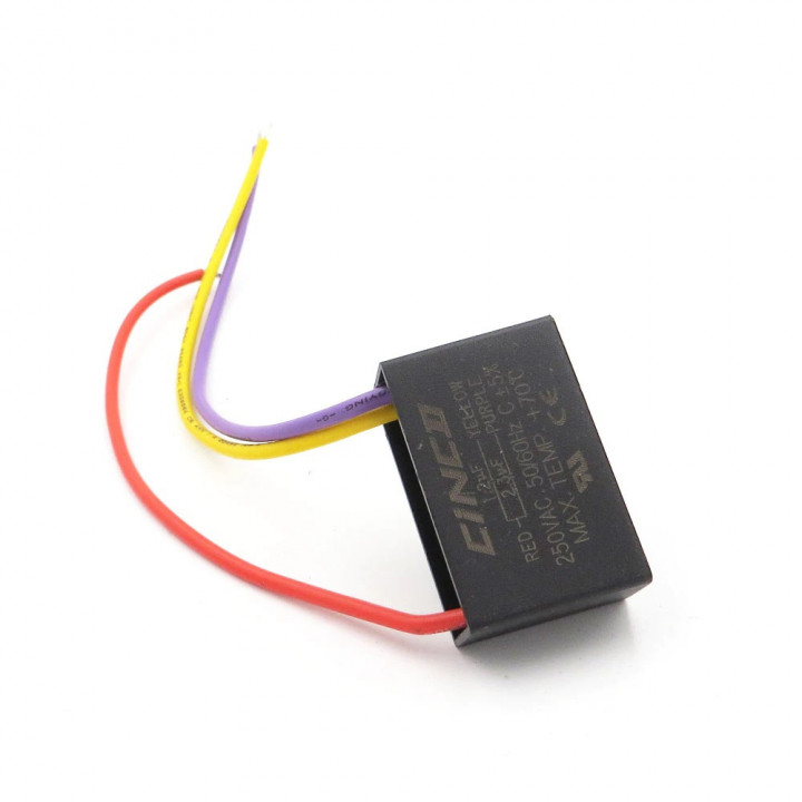 Condensador de ventilador de techo Cbb61 1.2Uf + 2.3Uf 3 cables, 250 Vac Modelo: CBB61