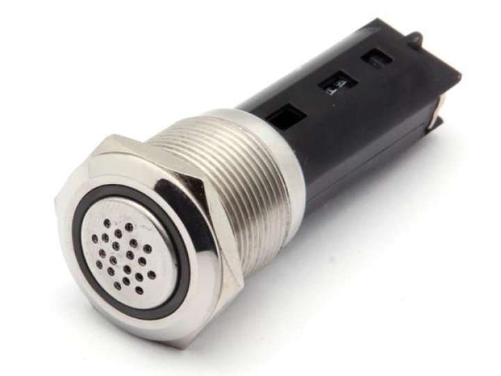 Buzzer construido de acero inoxidable de 19 mm de perforación 12vcc 20ma tornillos terminales 80 db a 1m. ref: sv21 jr  internat