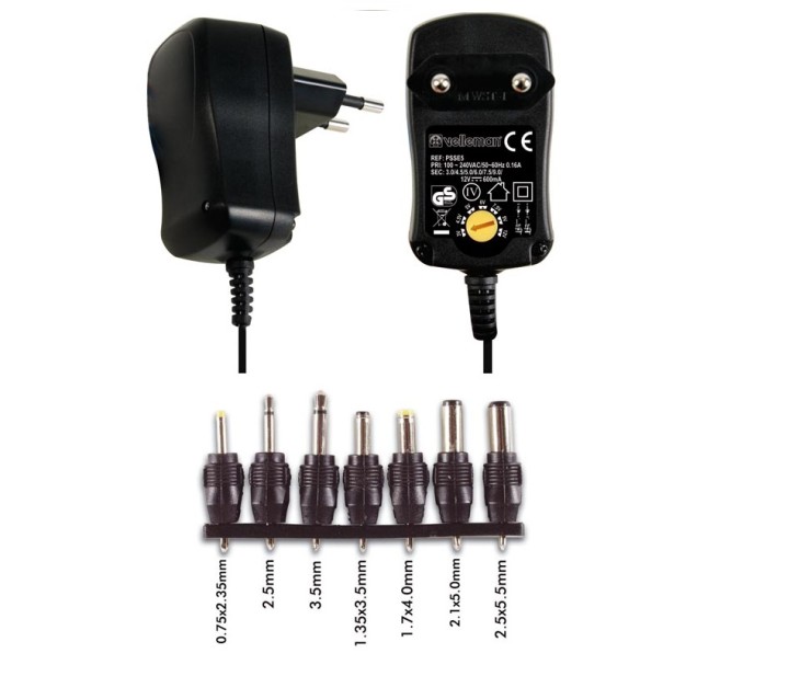 Compact power supply verfügt über 7 ausgänge decoupage 3v 4.5v 5v wählbar psse5 6v 7v 9v 12vdc velleman - 2