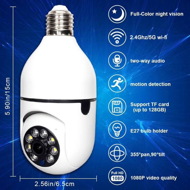 5G Wifi Surveillance Camera E27 Bulb 220V Color Night Vision Auto Tracking Zoom