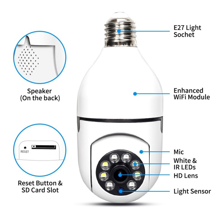 5G Wifi Surveillance Camera E27 Bulb 220V Color Night Vision Auto Tracking Zoom