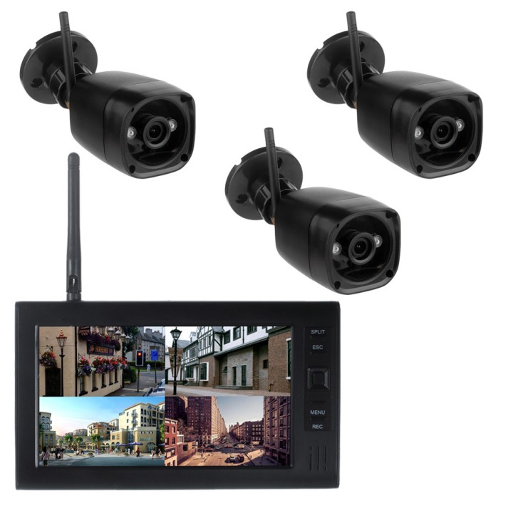 Home security system video monitor 7" 3 wireless camera, 2.4G SD dvr 4 channels