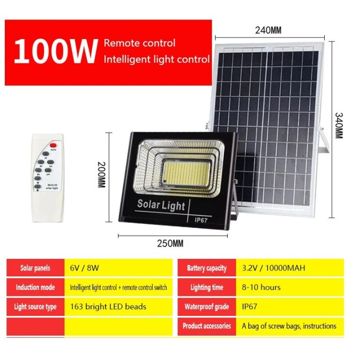 LED solar panel lamp 100w waterproof remote control IP67 standard remote outdoor lighting