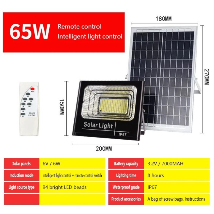 Lampe panneau solaire LED 65w télécommande etanche norme IP67 éclairage d'extérieur deporté