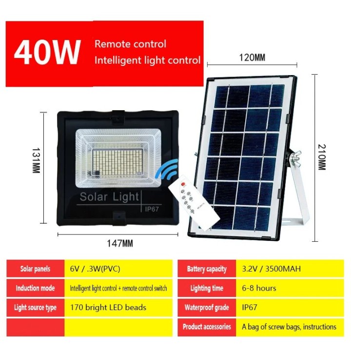 Lámpara solar 40w + panel solar + batería Iluminación del proyector 48 LED 1250 LM IP66 foco