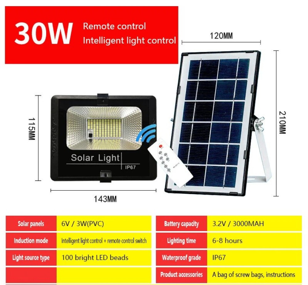 Lampada a pannello solare a LED 30w telecomando impermeabile IP67 illuminazione esterna remota standard
