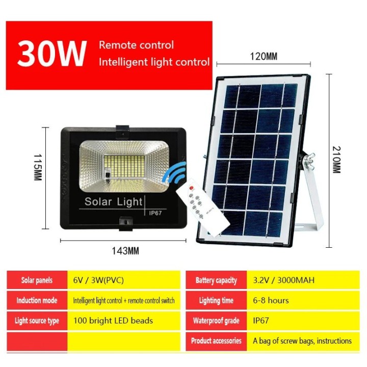 Lámpara de panel solar LED 30w impermeable control remoto IP67 iluminación exterior remota estándar