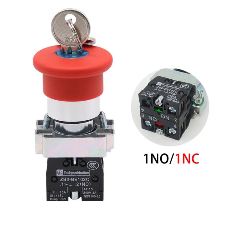 Bouton poussoir d'arrêt d'urgence avec clé 22mm XB2-ES142C 40mm 10a/600V ESD 1 no 1 nf BS142