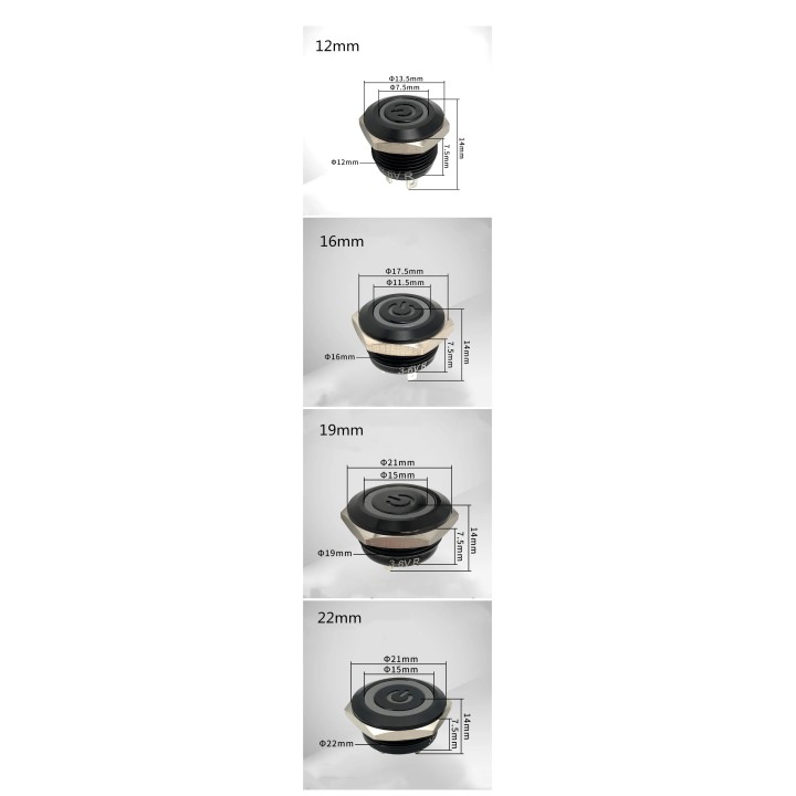 Bouton-poussoir extra plat NO NF métal 22mm 2A 250VAC étanche lumière Led momentané 12V rouge
