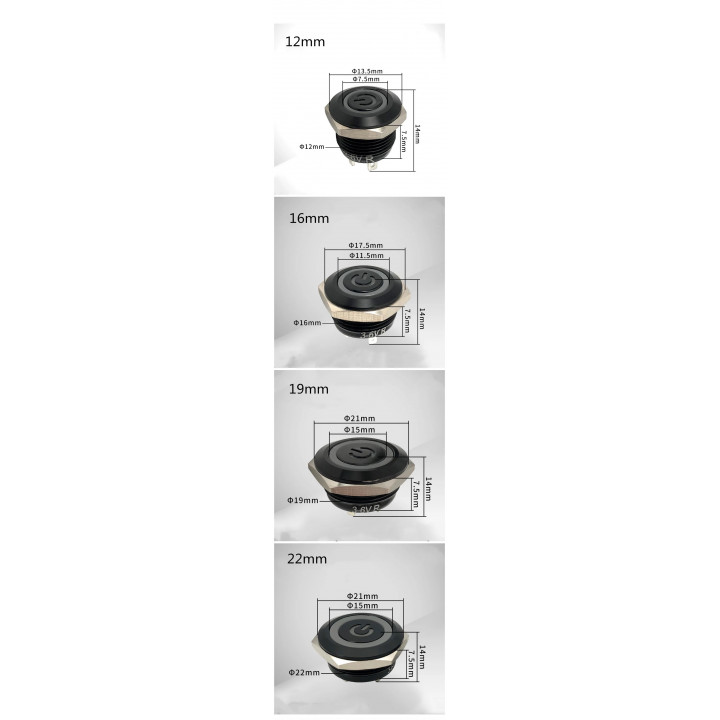 Pulsador extraplano NO NF metal 22mm 2A 250VAC estanco Luz Led momentáneo 12V Blanco