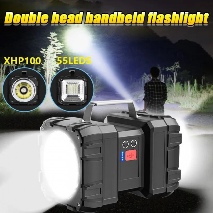 Linterna portátil recargable XHP100 USB recargable potente doble cabeza