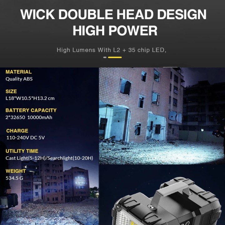 Rechargeable Handheld Headlight Portable Lamp XHP100 USB Rechargeable Powerful Double Head
