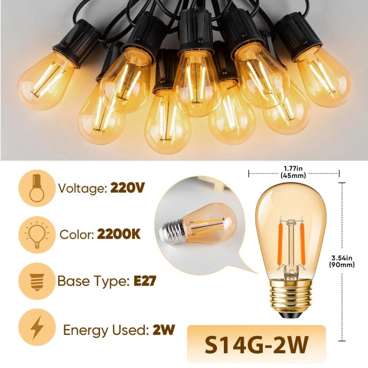 LED light string e27 220V 15m 15 bulbs s14 2w waterproof connectable, garden, outdoor,