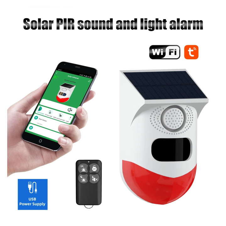 Sirene solaire exterieure etanche wifi avec detecteur de presence et batterie + 1 telecommande