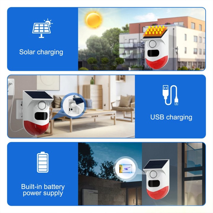 Sirene solaire exterieure etanche wifi avec detecteur de presence et batterie + 1 telecommande