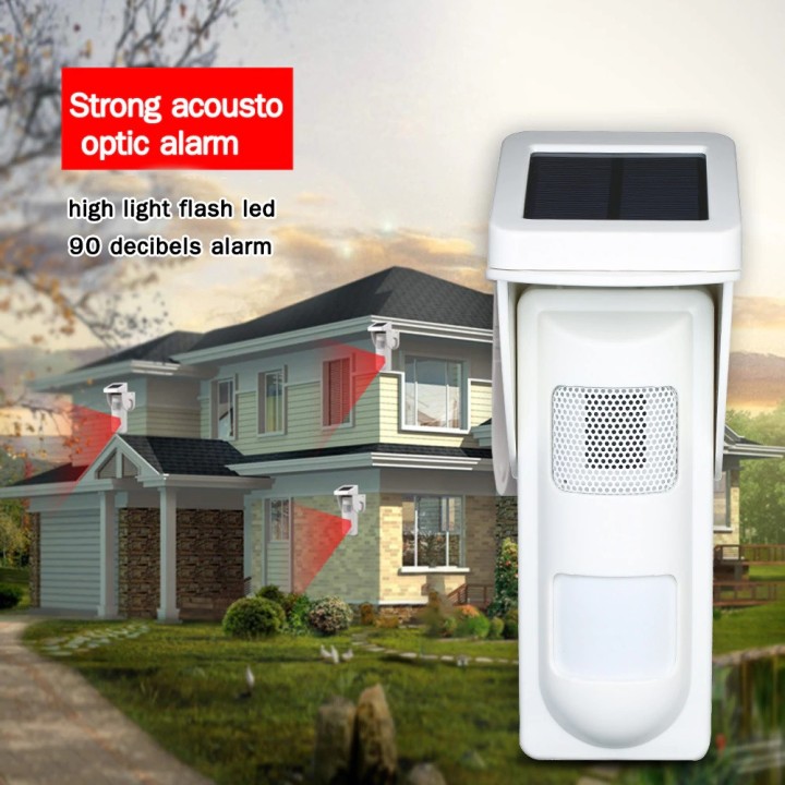 Solar power outdoor flash siren Pet immunity solar power sensor dual function security