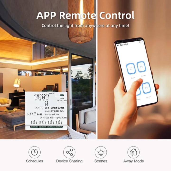 Recepteur Wifi intelligent relais 4 canaux radio 433mhz tuya 85-250V 220V 110V 2200W 10a alexa