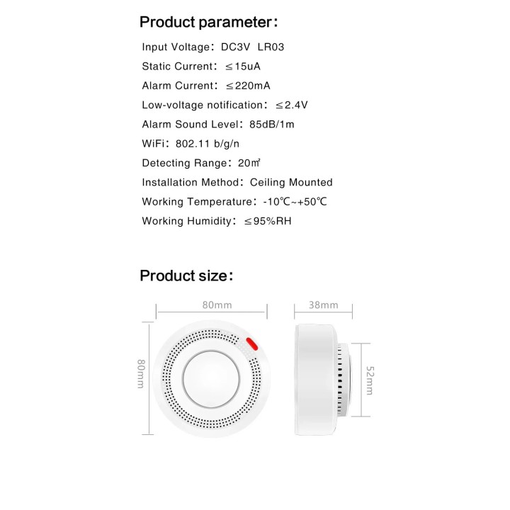 Detector de humo Wi-Fi bombero alarma de protección contra incendios asistente de Google Alexa SmartLife tuya