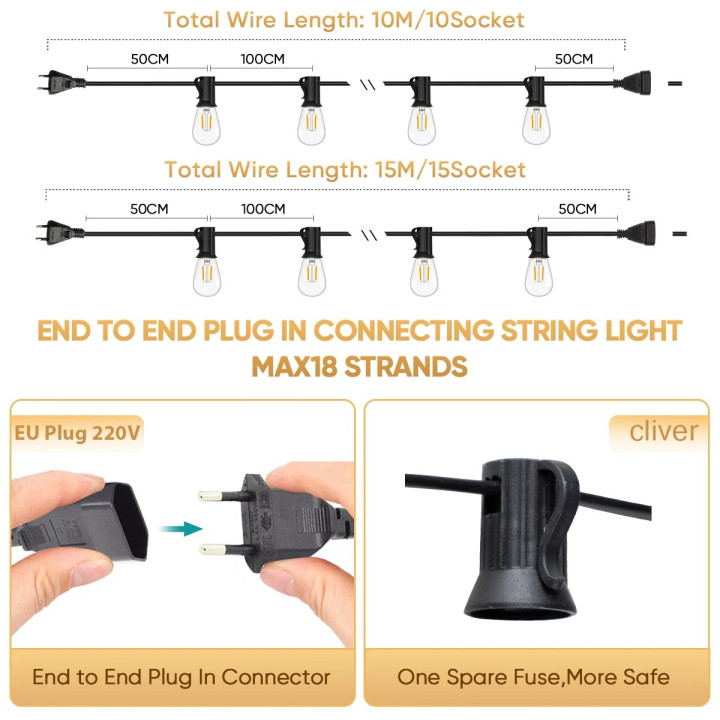 Catena luminosa LED e27 220V 15m 15 lampadine s14 2w impermeabile collegabile, giardino, esterno,