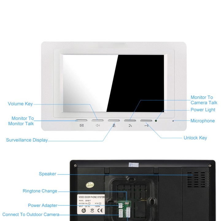 7 inch 18cm videoportero teléfono timbre intercomunicador kit 1 cámara 1 monitor visión nocturna SY801FA11