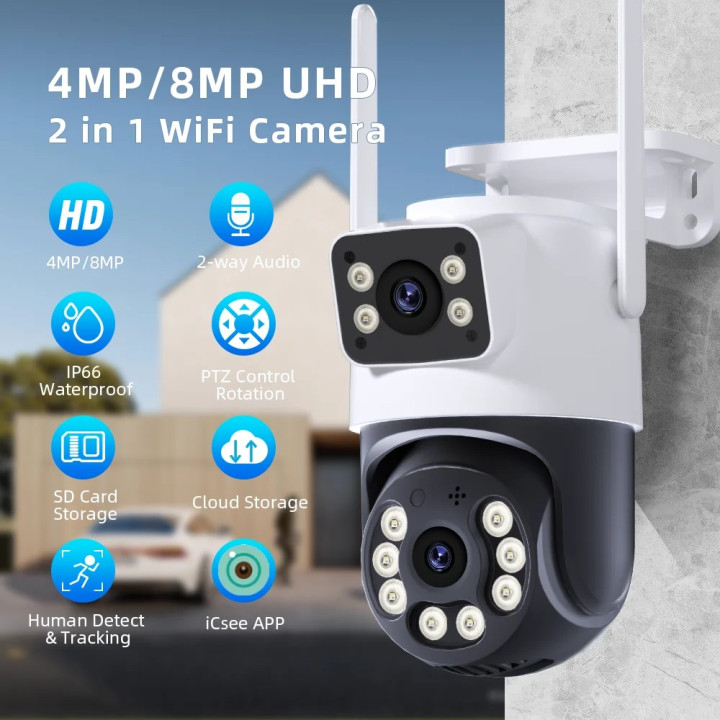 Outdoor PTZ IP WIFI HD 8MP Wireless Night Surveillance Camera AI Audio Dual Lens Screen
