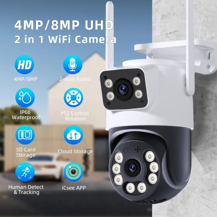 Outdoor PTZ IP WIFI HD 8MP Wireless Night Surveillance Camera AI Audio Dual Lens Screen