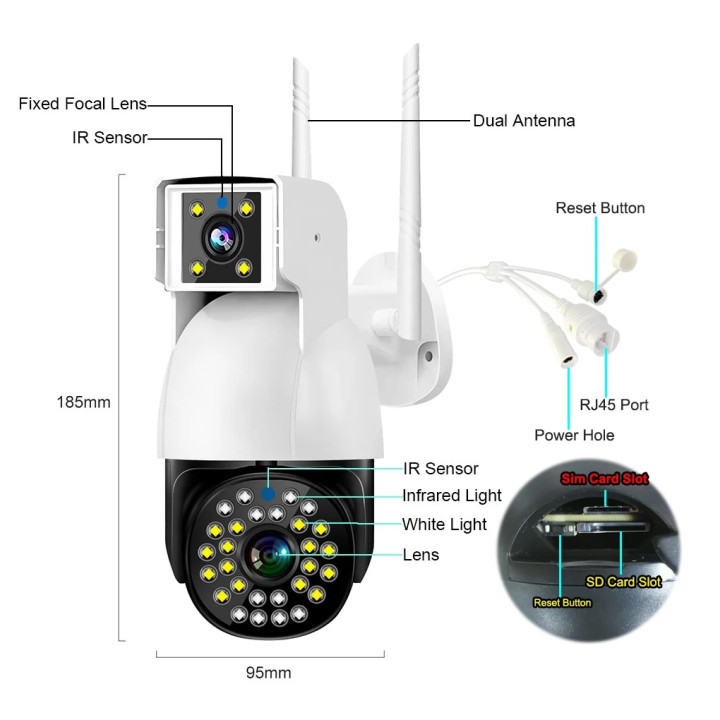 Cámara De Vigilancia Exterior 4G Gsm Sim V380 2 Pantallas En La Nube Zoom 10x Protección De Seguridad Ip66