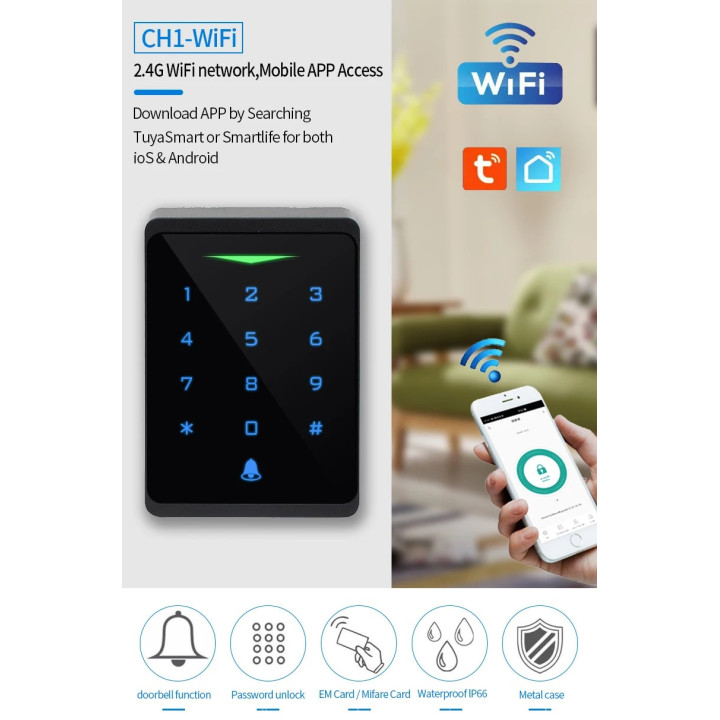 Keyboard alarm access control WiFi 2.4G Tuya Smartlife waterproof IP66 autonomous RFID card reader 125