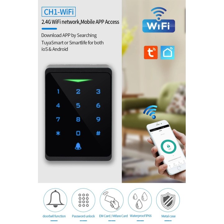 Teclado alarma control de acceso WiFi 2.4G Tuya Smartlife impermeable IP66 lector de tarjetas RFID autónomo 125