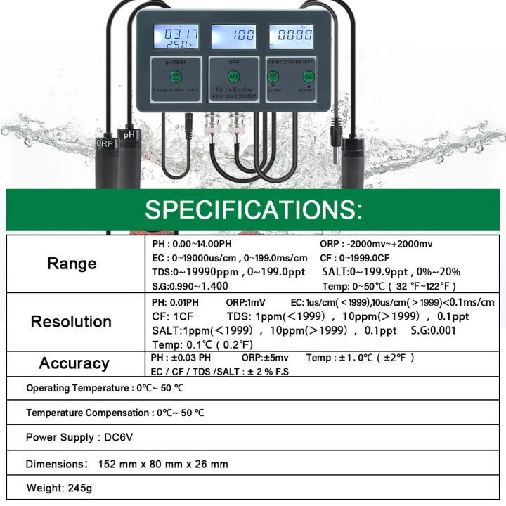 Enregistreur 220v WiFi Tuya PISCINE température ph orp salinité TDS Testeur eau analyseur spa aquarium