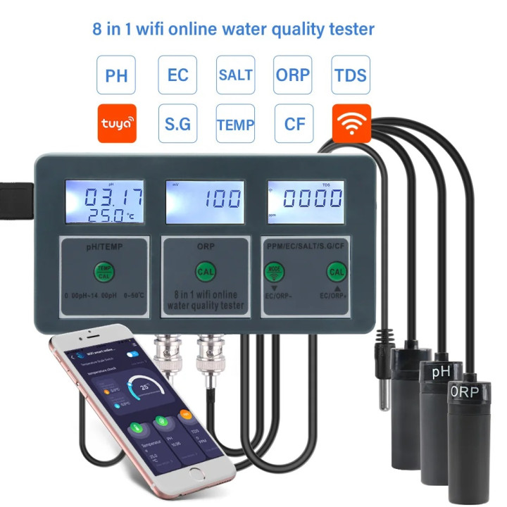 Tuya WiFi Logger SWIMMING POOL 220V temperature ph orp salinity TDS Water tester analyzer spa aquarium
