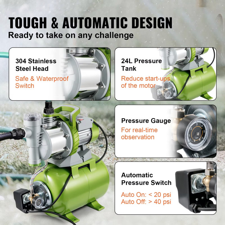 Groupe Surpression 1300W Pompe Réservoir Pression 4200 L/h Arrosage 45 m Aspiration 8 m 220V surpresseur