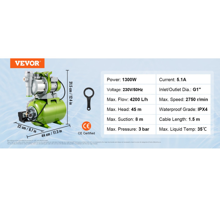 Booster-Einheit 1300 W, Pumpendruck, Tank 4200 l/h, Bewässerung 45 m, Saugen 8 m, 220 V