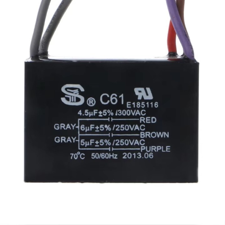 Condensador de ventilador de techo Cbb61 4.5Uf + 5Uf + 6uf 5 cables, 250 Vac Modelo: CBB61