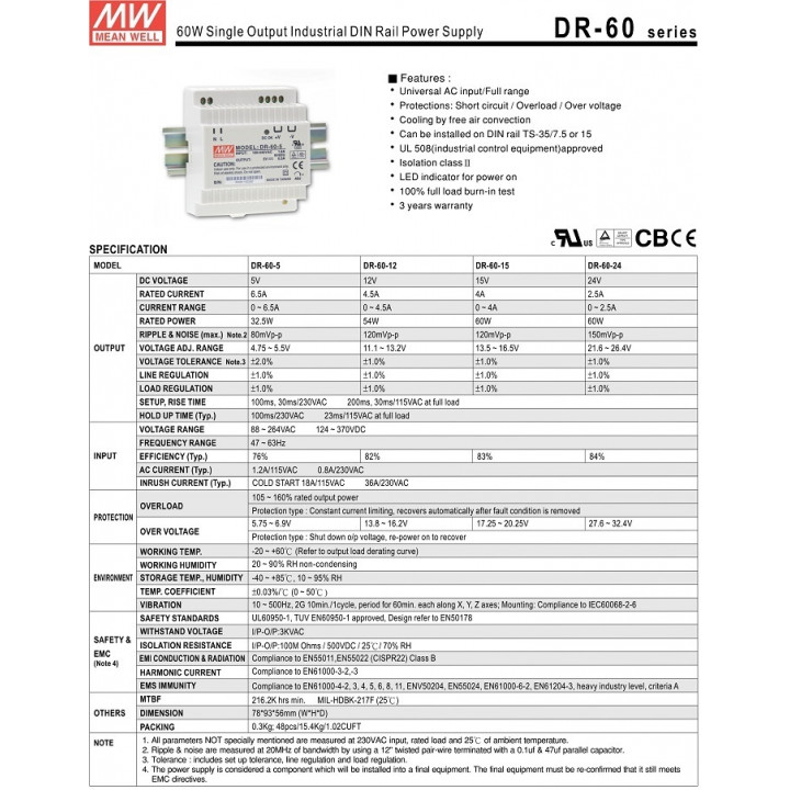 Fornitura din 60w 220v 110v 24v 2.5a psin06024dn 185 a 264v ac 24v 230v 240v velleman - 1